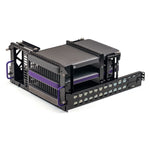 Load image into Gallery viewer, Iodyne 5U Triple Pro Data and Mac Studio Rackmount, shown fully assembled with three Pro Data units and one Mac Studio secured in the slide-out trays.
