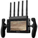 Load image into Gallery viewer, SmallHD Ultra 5 Bolt 6 RX 750 Kit with V-Mount battery plate attached to the back of the 5-inch monitor, shown from a three-quarter angle.