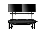 Load image into Gallery viewer, adicam Monitor Mount System installed on a DIT cart, securely holding two large monitors in a professional on-set environment.