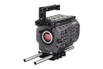Load image into Gallery viewer, Wooden Camera Sony FX9 Unified Accessory Kit (Base) fully assembled on a Sony FX9 camera, showing the top handle, top plate, unified baseplate, and 15mm rods.