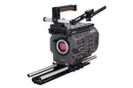Load image into Gallery viewer, Wooden Camera Sony FX9 Unified Accessory Kit (Pro) fully assembled, showing the top handle, baseplate, 15mm rods, and viewfinder mount attached to a camera body.