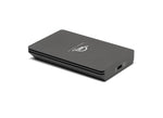 Load image into Gallery viewer, Front view of the OWC Envoy Pro FX, a rugged charcoal grey portable SSD with cooling fins, showing its Thunderbolt and USB-C port.