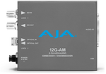 Load image into Gallery viewer, Front and back view of the AJA 12G-AM Mini-Converter, showing 12G-SDI and fiber optic I/O ports and the included XLR breakout cable.