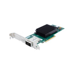 Load image into Gallery viewer, ATTO FastFrame N351 single-port 50GbE PCIe 3.0 network adapter card with its integrated QSFP28 optical interface visible on the backplate.