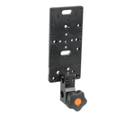 Load image into Gallery viewer, Front view of the black anodized Upgrade Innovations Battery Mounting Plate, showing the array of M3 mounting holes and the bottom spigot receiver.