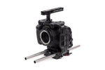 Load image into Gallery viewer, Wooden Camera Unified Accessory Kit (Base) fully assembled on a Blackmagic Pocket Cinema Camera 6K Pro, showing the cage, top handle, and 15mm rod baseplate.