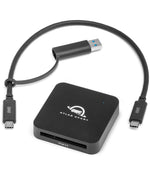 Load image into Gallery viewer, OWC Atlas CFast Card Reader with its included black USB-C to USB-A combo cable, shown on a clean white background.