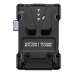 Load image into Gallery viewer, Front view of the Wooden Camera Universal Micro Battery Plate (V-Mount) showing the V-lock mechanism, two D-Tap ports, and the E-Fuse reset button.