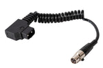 Load image into Gallery viewer, The TVLogic D-TAP-C coiled power cable, featuring a D-Tap connector on one end for battery power and a monitor power connector on the other.