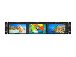 Load image into Gallery viewer, Front view of the TVLogic R-5T 2RU rack monitor, showing three 5.5-inch LCD screens displaying different video signals.