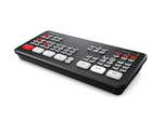 Load image into Gallery viewer, Front view of the Blackmagic Design ATEM Mini Pro, a compact live production switcher with illuminated buttons for four inputs, transitions, and audio controls.
