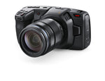 Load image into Gallery viewer, Front view of the Blackmagic Design Pocket Cinema Camera 4K, showing the MFT lens mount and large 5-inch rear touchscreen.