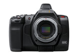 Load image into Gallery viewer, Front view of the Blackmagic Design Pocket Cinema Camera 6K G2, showing the EF lens mount, handgrip, and large adjustable touchscreen.
