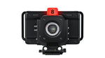 Load image into Gallery viewer, Front view of the Blackmagic Design Studio Camera 4K Pro G2, showing its large 7-inch screen, MFT lens mount, and side connection panel.