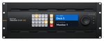 Load image into Gallery viewer, Front view of the Blackmagic Design Videohub 80x80 12G, showing the 5-inch LCD screen, spin knob control, and input selection buttons in a 4RU chassis.