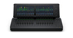 Load image into Gallery viewer, Front view of the Blackmagic Design Fairlight Live Audio Panel 20, showing its 20 motorized faders and two large integrated touchscreen displays.