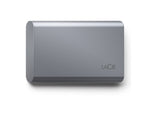 Load image into Gallery viewer, LaCie Mobile SSD Secure portable drive in space gray, shown next to a laptop and an iPhone to demonstrate its size and connectivity.
