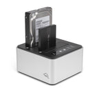 Load image into Gallery viewer, OWC Drive Dock USB 3.2, a silver and black dual-bay docking station for 2.5-inch and 3.5-inch hard drives and SSDs.