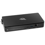 Load image into Gallery viewer, Front view of the black aluminum OWC Thunderbolt 5 Dual 10GbE Network Dock, showing its various connectivity ports.
