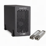 Load image into Gallery viewer, Sonnettech Twin25G T5 Thunderbolt 5 Dual Port 25Gb Ethernet Adapter, a compact black enclosure with two SFP28 ports and two Thunderbolt 5 ports.