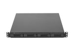 Load image into Gallery viewer, Front view of the OWC Flex 1U4, a black 1U rackmount enclosure showing four drive bays and connectivity ports.