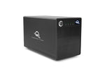 Load image into Gallery viewer, Front view of the OWC ThunderBay 4 mini, a black aluminum 4-drive Thunderbolt 3 enclosure, showing the drive bay door and status LEDs.