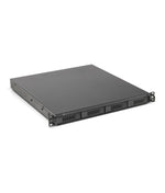 Load image into Gallery viewer, Front view of the OWC Flex 1U4, a black 1U rackmount 4-bay storage and docking solution, showing drive bays and status lights.