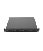 Load image into Gallery viewer, Front view of the OWC Flex 1U4, a black 1U rackmount unit showing four drive bays and various connectivity ports.