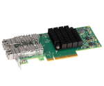 Load image into Gallery viewer, Sonnet Twin25G Dual-port 25 Gigabit Ethernet PCIe Card with two SFP28 transceivers installed, shown at an angle.
