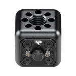 Load image into Gallery viewer, A small, black metal cube with threaded holes on five sides, showing the Wooden Camera Accessory Cube.