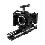 Load image into Gallery viewer, The Wooden Camera Fujifilm GFX 100s Unified Accessory Kit (Pro, V-Mount), showing the camera cage, top handle, baseplate, rods, and battery plate.