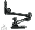 Load image into Gallery viewer, Upgrade Innovations Rudy Arm Double Arm system fully extended, holding a small on-camera monitor, showcasing its articulating joints and clamps.