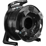 Load image into Gallery viewer, FieldCast 4-Core Heavy Duty Multi-Mode Fiber Optic Cable neatly wound on a black Schill GT380 professional cable drum, showing the robust connector.