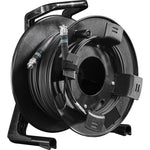 Load image into Gallery viewer, FieldCast 2Core Ultra Light multi-mode fiber optic cable coiled neatly on a black Schill GT310 winding drum with connectors visible.