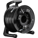 Load image into Gallery viewer, FieldCast 2Core heavy-duty multi-mode fiber optic cable neatly wound on a black Schill GT310 professional winding drum.