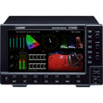 Load image into Gallery viewer, Front view of the Leader LV5600W waveform monitor displaying a colorful video signal with waveform, vectorscope, and picture monitor on its 7-inch touchscreen.