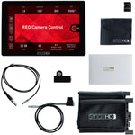 Load image into Gallery viewer, SmallHD Cine 7 monitor kit displaying RED camera interface, mounted on a RED DSMC2 cinema camera.