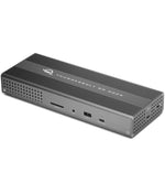 Load image into Gallery viewer, Front view of the OWC Thunderbolt Go Dock, an 11-port hub with a built-in power supply, showing its various Thunderbolt 4, USB, HDMI, and SD card ports.