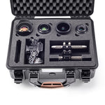 Load image into Gallery viewer, HPRC 2460 hard case in black, open to show custom foam cutouts for a Panasonic Lumix GH5 camera, lenses, and accessories.