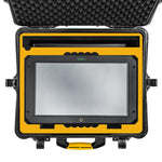 Load image into Gallery viewer, HPRC 2730W wheeled hard case open, showing the custom-cut foam interior with dedicated slots for an Atomos SUMO 19" monitor, sunhood, and batteries.