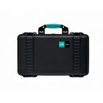Load image into Gallery viewer, HPRC 2550W wheeled hard case in black, shown from a three-quarter angle to highlight its large wheels and ergonomic top handle.