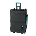 Load image into Gallery viewer, HPRC 2760W black waterproof hard case with four wheels and a yellow handle, shown closed from a three-quarter angle.