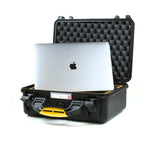 Load image into Gallery viewer, HPRC 2400 hard case in black, open to show the custom-cut foam interior designed for a MacBook Pro 15 or 16 inch laptop and accessories.