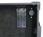 Load image into Gallery viewer, A pair of black anodized aluminum Whaley Rail II Deck Cheese Plates with multiple mounting holes, shown with included mounting screws.