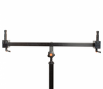 Load image into Gallery viewer, Upgrade Innovations Dual Monitor Cross Rail to Spigot Adapter shown fully assembled, with a central 5/8-inch spigot receiver and two adjustable monitor clamps on the rail.