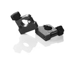 Load image into Gallery viewer, A pair of black Inovativ C-Stand Storage Clamps, with one clamp shown attached to an INOVATIV cart's crossbar, securely holding a C-stand.