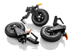 Load image into Gallery viewer, A set of three Inovativ AXIS 8-inch pneumatic wheels with red foot brakes, shown ready for mounting on a professional equipment stand.