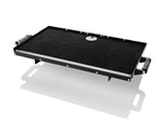 Load image into Gallery viewer, Front view of the Inovativ WorkSurface Pro portable workstation mounted on a C-stand, showing the black carpeted top and side handles.