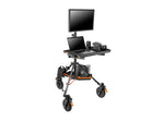 Load image into Gallery viewer, The Inovativ AXIS Base Station configured as a mobile digital workstation with a monitor, laptop, and camera gear attached, shown in a professional studio setting.