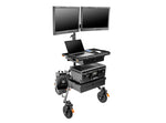 Load image into Gallery viewer, Fully assembled Inovativ AXIS Command Station with dual monitors, worksurface, drawers, and wheels, ready for on-set use.